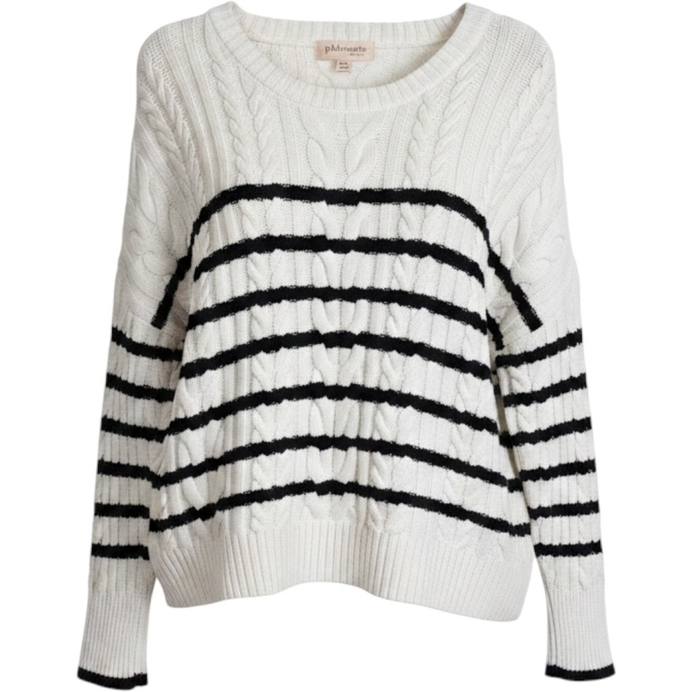 Philosophy Republic Clothing Women XL White Black Striped Cable Knit Sweater
